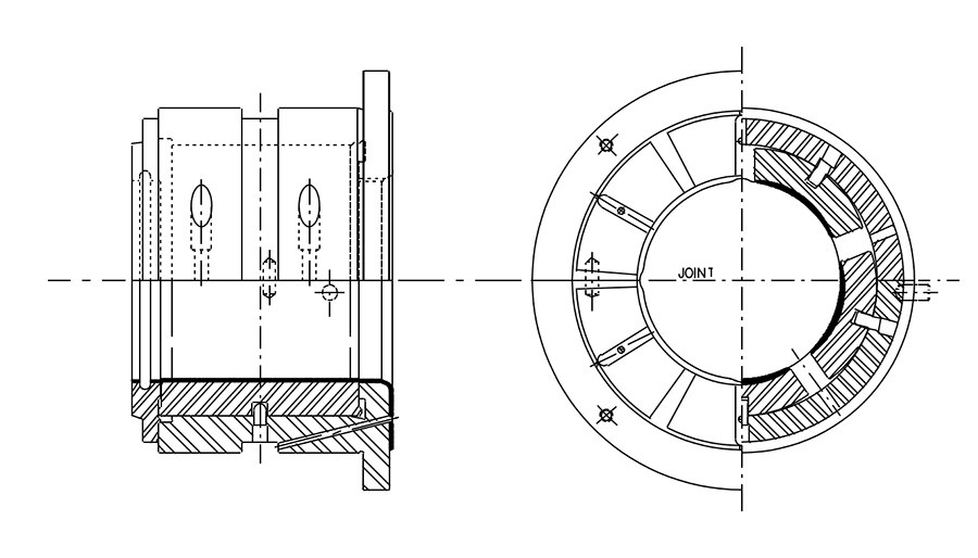 Line-contact tilting pad journal bearing with thrust bearing