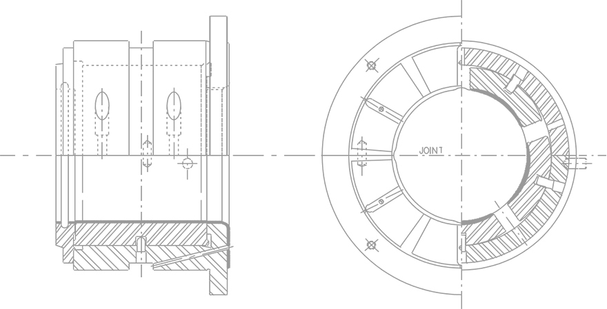 Line-contact tilting pad journal bearing with thrust bearing